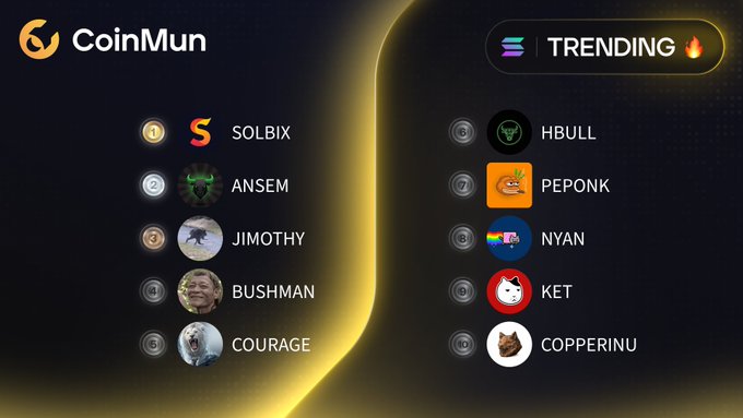A 'CoinMun' trending list showing ranked meme coins including SOLBIX, ANSEM, JIMOTHY, BUSHMAN, COURAGE, HBULL, PEPONK, NYAN, KET, and COPPERINU.