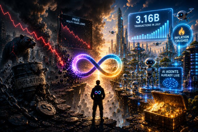 A surreal split-scene image depicts a figure standing before an infinity symbol dividing two worlds: on the left, a dark, crumbling landscape with a "PRICE MULTI-YEAR LOWS" chart and broken "INFLATION" debris, while the right side shows a thriving futuristic city with glowing panels displaying "3.16B TRANSACTIONS IN JULY," "INFLATION CRUSHED," and "AI AGENTS ALREADY LIVE" alongside robots and a treasure chest of coins. The imagery visually reinforces the post's central message about $ICP, highlighting the stark contrast between the token's depressed price and its strong underlying fundamentals and real-world adoption.