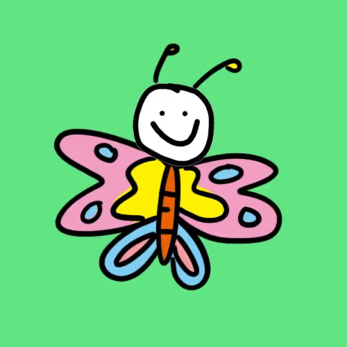 A child's drawing of a smiling butterfly on a bright green background. The butterfly has pink wings with blue spots, a yellow and blue body, and two antennae.