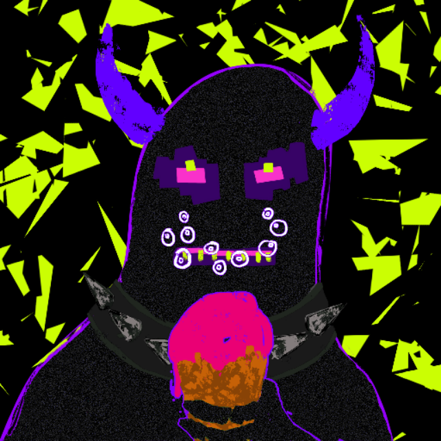 A digital illustration of a menacing black monster with glowing purple horns, pink pixelated eyes, and sharp teeth dripping with drool, while holding a dripping ice cream cone against a chaotic yellow shattered background. The image reflects the "Redacted" ERC-404 NFT collection theme with its glitchy, dark aesthetic, and celebrates the Genesis Top 100 holders who are whitelisted for the launch on Bullet Exchange.