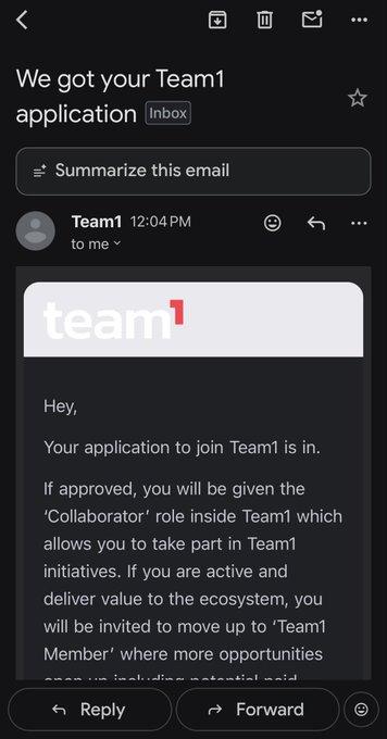 The image shows a black screen with text displayed on it. The text reads "We got your Team1 application" followed by an email address. The email appears to be from Avalanche, a company that focuses on web3 gaming and digital ownership. It seems like the person who sent the email is interested in joining Avalanche's team or has applied for a position within the company.
