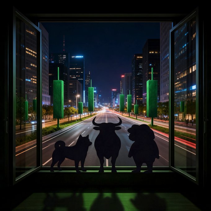 A nighttime cityscape viewed through an open window, with the silhouettes of a dog, bull, and bear (representing stock/crypto market trends) looking out onto a busy street with green light posts.