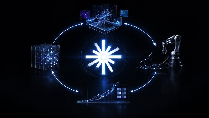 A digital graphic depicting AI and automation concepts, featuring a robotic arm, data visualization panels, and a glowing central logo connected by circular arrows.