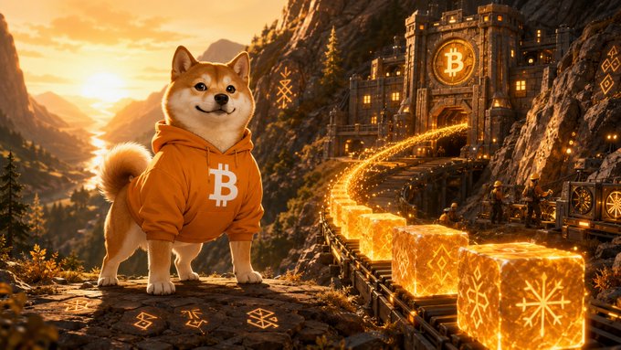 A Shiba Inu dog wearing an orange hoodie with a Bitcoin logo, standing on a mountain overlook with a glowing golden block path leading to a castle emblazoned with the Bitcoin symbol.
