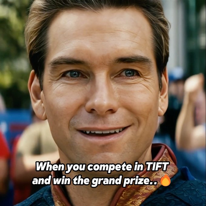 A smiling close-up of a man resembling the character Homelander, captioned: “When you compete in TIFT and win the grand prize..🔥”