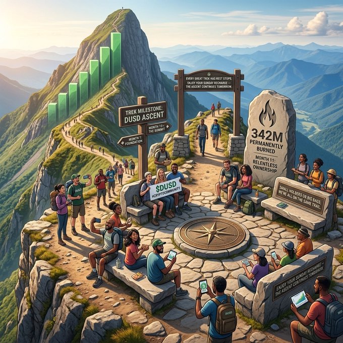 An illustration depicts a group of hikers gathered at a mountain summit called 'TREK MILESTONE: DUSD ASCENT,' with signs commemorating '342M' and 'MONTH 11: RELENTLESS OWNERSHIP,' alongside a green bar chart climbing toward the peak.