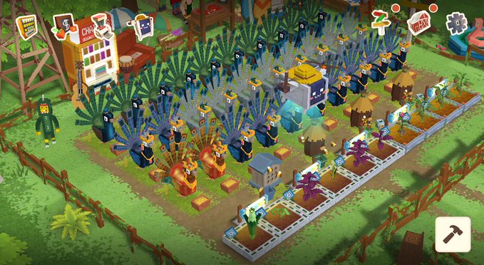Isometric view of a virtual farm game showing characters working with pea plants and crops in organized rows, with UI elements like Shop, Tasks, and Weekly in the top corners.