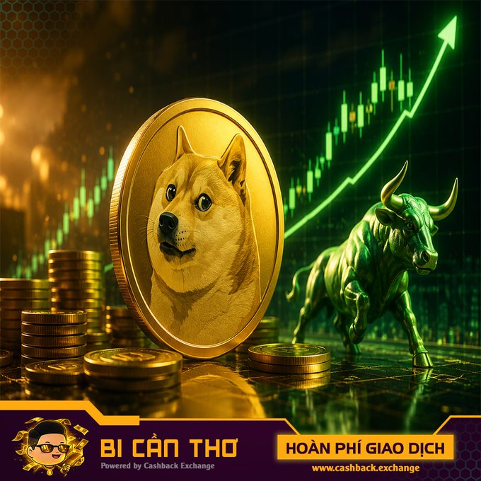 The image depicts a golden Dogecoin coin featuring the Shiba Inu dog, accompanied by a green bull statue and a rising green candlestick chart arrow, symbolizing bullish market momentum. It includes the text "BÍ CÂN THƠ - Powered by Cashback Exchange," "HOÀN PHÍ GIAO DỊCH," and "www.cashback.exchange," visually reinforcing the post's message about Dogecoin's potential trend reversal and breakout.