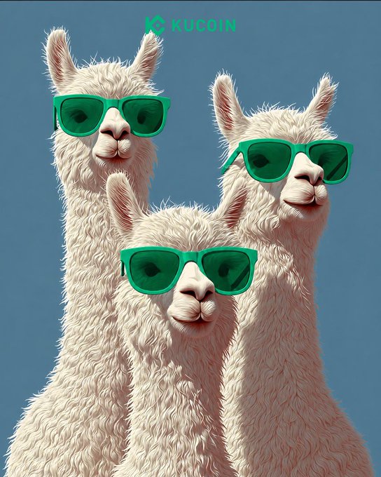 Three stylish white alpacas/llamas wearing matching green sunglasses strike confident poses against a blue background, with "KUCOIN" displayed at the top — perfectly embodying a crypto trading crew ready to ride the bull run with cool, coordinated flair.