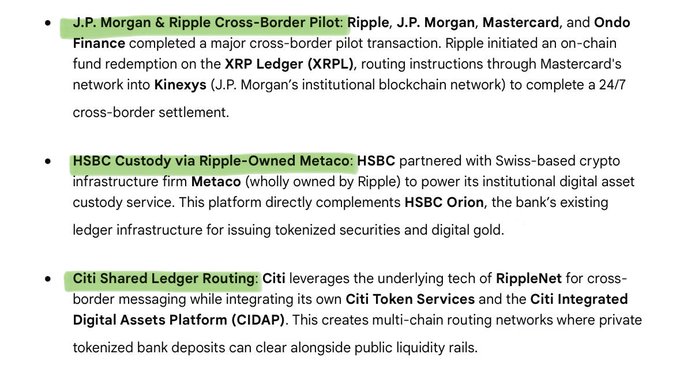 The image shows a white background with green text that reads "Ripple JP Morgan Citi HSBC SWIFT Possibly nothing...". The text appears to be part of a list or description, possibly related to Ripple cryptocurrency or financial services.