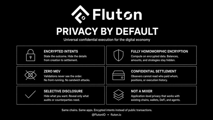 Promotional infographic for 'Fluton' featuring 'PRIVACY BY DEFAULT - Universal confidential execution for the digital economy' with six features including encrypted intents, fully homomorphic encryption, zero MEV, confidential settlement, selective disclosure, and not a mixer, along with handles @FlutonIO and fluton.io.