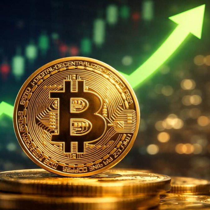 A close-up of a gold Bitcoin coin with a glowing green upward-trending arrow and stock chart in the background, illustrating rising cryptocurrency value.
