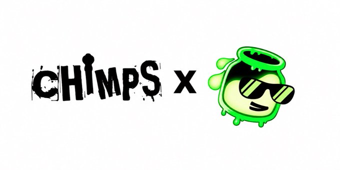 A logo reading 'CHIMPS' next to a green cartoon character wearing sunglasses, separated by a black 'x'.
