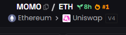 DeFi token info showing MOMO/ETH on Ethereum Uniswap V4 with 8h time frame.