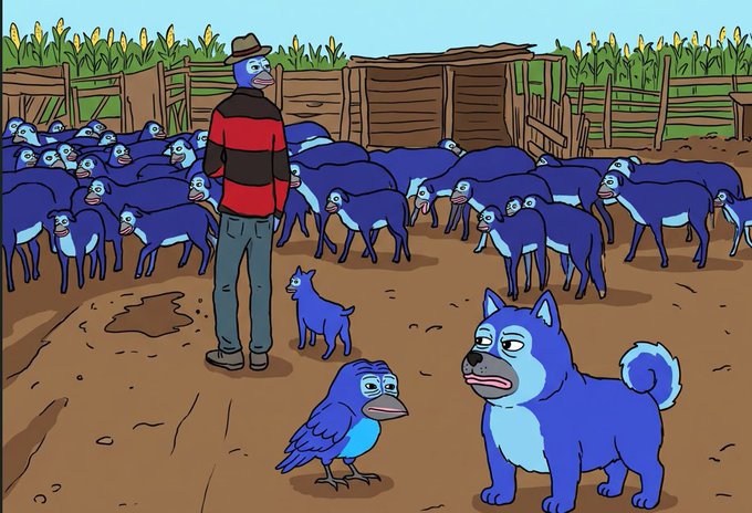 A cartoon illustration shows a man in a hat and red-striped shirt standing in a barnyard filled with numerous blue sheep, with a small blue goat, a blue bird, and a larger blue dog facing him.