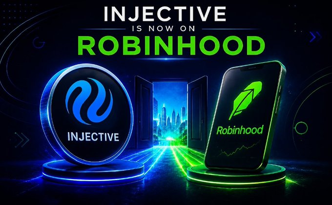 A promotional graphic announcing 'INJECTIVE IS NOW ON ROBINHOOD' with the Injective logo and a smartphone displaying the Robinhood app against a futuristic neon background.