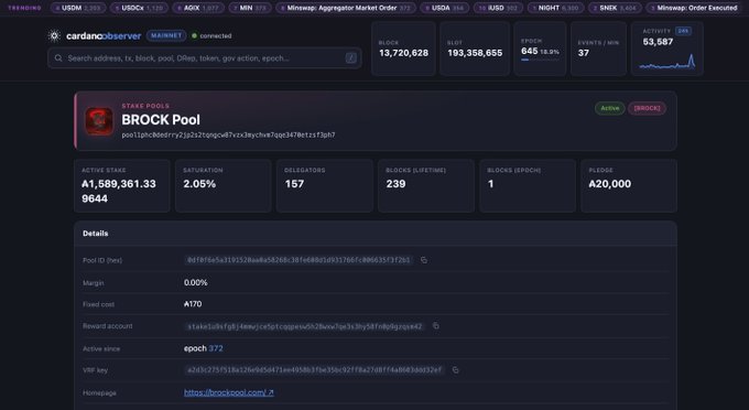 A Cardano Observer dashboard showing details for the BROCK Stake Pool, displaying 1,589,361.33 active stake, 157 delegators, and epoch 372 information.