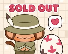 A cute digital sticker of a cartoon character in a safari hat next to a large spotted egg, with a speech bubble containing a heart and the text 'SOLD OUT.'