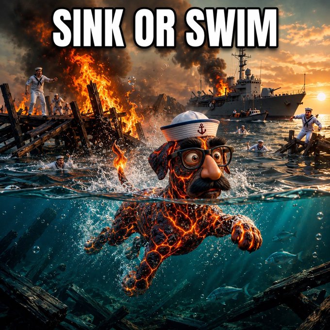 An AI-generated image titled 'SINK OR SWIM' showing a dog in a sailor hat and glasses swimming in fiery lava through water near a burning ship and sailors.