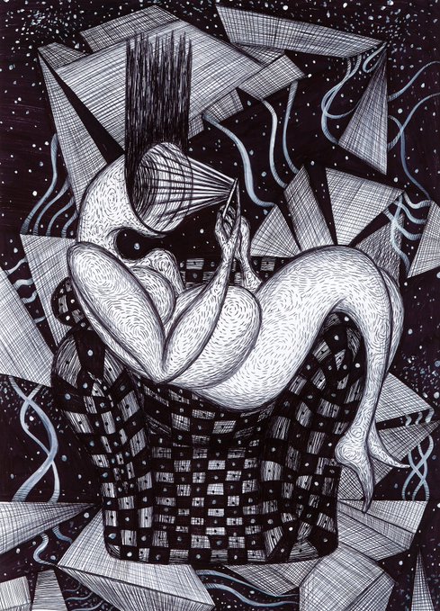 A surreal black-and-white illustration depicts a figure with long flowing hair lying in a patterned armchair, surrounded by geometric shapes and a starry cosmic background.
