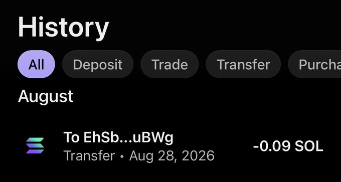 A transaction history screenshot displays a transfer of -0.09 SOL sent on August 28, 2026 to the address "EhSb...uBWg," corresponding to the post's mention of sending "$10."