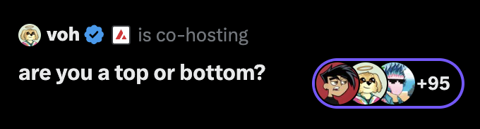 A Twitter Space co-hosted by "voh" displays the provocative poll question "are you a top or bottom?" with 95+ participants, exemplifying the unfiltered humor and chaotic energy of active Crypto Twitter Spaces.