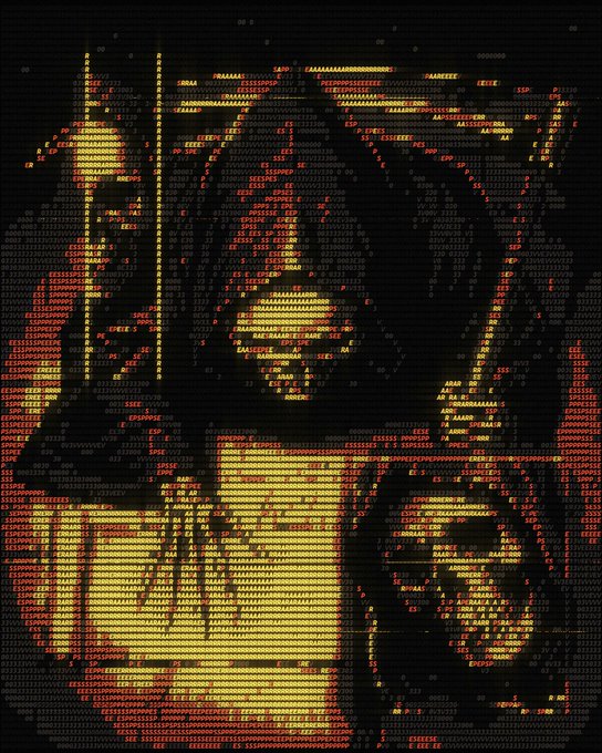 A stylized ASCII-art portrait of a person rendered in fiery yellow, orange, and red text characters against a dark background.
