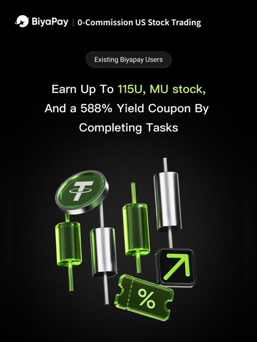 This image advertises BiyaPay's "Existing User Rewards Program," offering rewards of up to 115U, MU stock, and a 588% yield coupon for completing tasks. The visuals depict a cryptocurrency coin, stock market candlesticks, and a coupon, all in green, symbolizing financial growth and rewards.