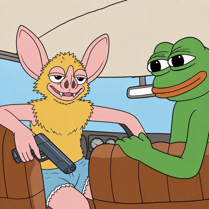 A cartoon bat and Pepe the Frog sit inside a car, with the relaxed-looking bat holding a handgun while wearing only light blue shorts. The "hoodrat maxxing" caption fits the absurd, low-effort edgy humor of the scene, depicting the jacked, smug bat embracing a chaotic, unbothered street-rat aesthetic alongside the unbothered frog.