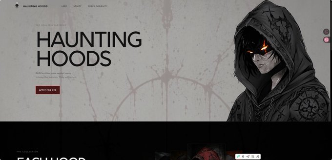 The image shows a website landing page for "HAUNTING HOODS," featuring a dark, hooded figure with glowing orange eyes against a textured gray background, with navigation links reading "LORE," "UTILITY," and "OMEGA ELIGIBILITY," and a call-to-action button labeled "APPLY FOR GTD." The haunting visual aligns with the post's ominous theme of 4,444 hooded figures awakening, promoting a whitelist/GTD (Guaranteed) spot giveaway for the NFT collection.