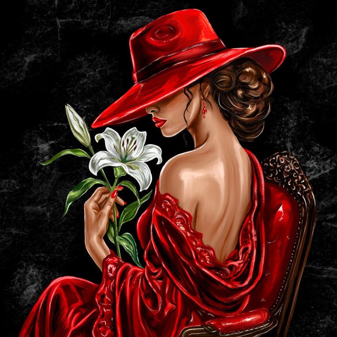 A painting of a woman in a red hat and off-shoulder red dress holding white lilies, seated on an ornate chair against a dark background.
