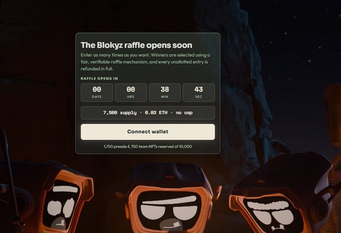 A screenshot for 'The Blokyz raffle opens soon' shows a countdown timer and NFT supply details with cartoon characters at the bottom.