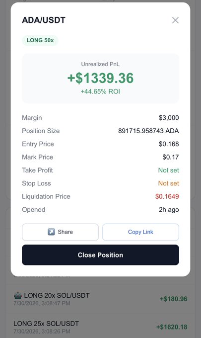 A trading app screenshot displays an open ADA/USDT LONG 50x position with an unrealized profit of +$1,339.36 (+44.65% ROI) on $3,000 margin, opened 2 hours ago—matching the post's claim of +$1,339 profit after 2 hours of holding.