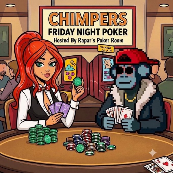 A cartoon illustration titled 'CHIMPERS FRIDAY NIGHT POKER Hosted By Rapar's Poker Room' showing a red-haired woman and a blue NFT-style character playing poker with chips and cards.