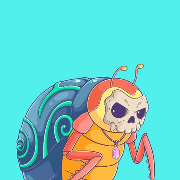 A cartoon illustration shows a snail with a skull face wearing red headphones and a purple gem necklace against a teal background.