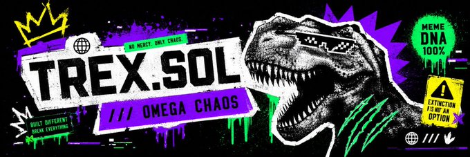 The image features a banner with a large dinosaur head, which appears to be a T-Rex or Velociraptor, facing towards the right side of the image. The banner has purple and green colors, and there are several words written in black text below the dinosaur's face. A person is seen adding a banner for $TREX on Moby, indicating that someone has posted about this product or service.