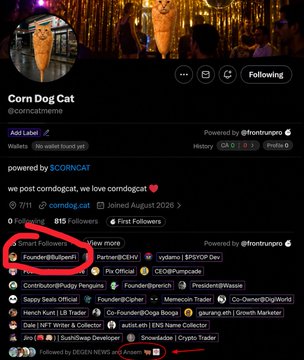 A Farcaster profile page for "Corn Dog Cat" (@corndogcat) with followers including @Rishipatel and Founder@Bullperi, powered by CORNGAU.