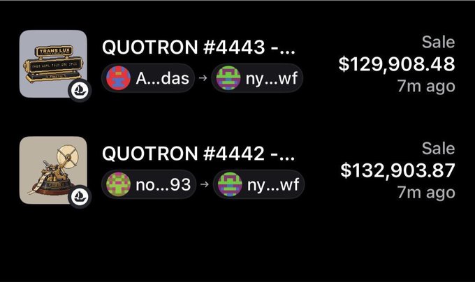 The image shows two recent NFT sales of "QUOTRON" artwork (#4443 for $129,908.48 and #4442 for $132,903.87), both purchased by the same "ny...wf" wallet just 7 minutes apart. These massive price tags visually exemplify the user's bewilderment at people spending six figures on digital art pieces, supporting their confusion about the NFT market.
