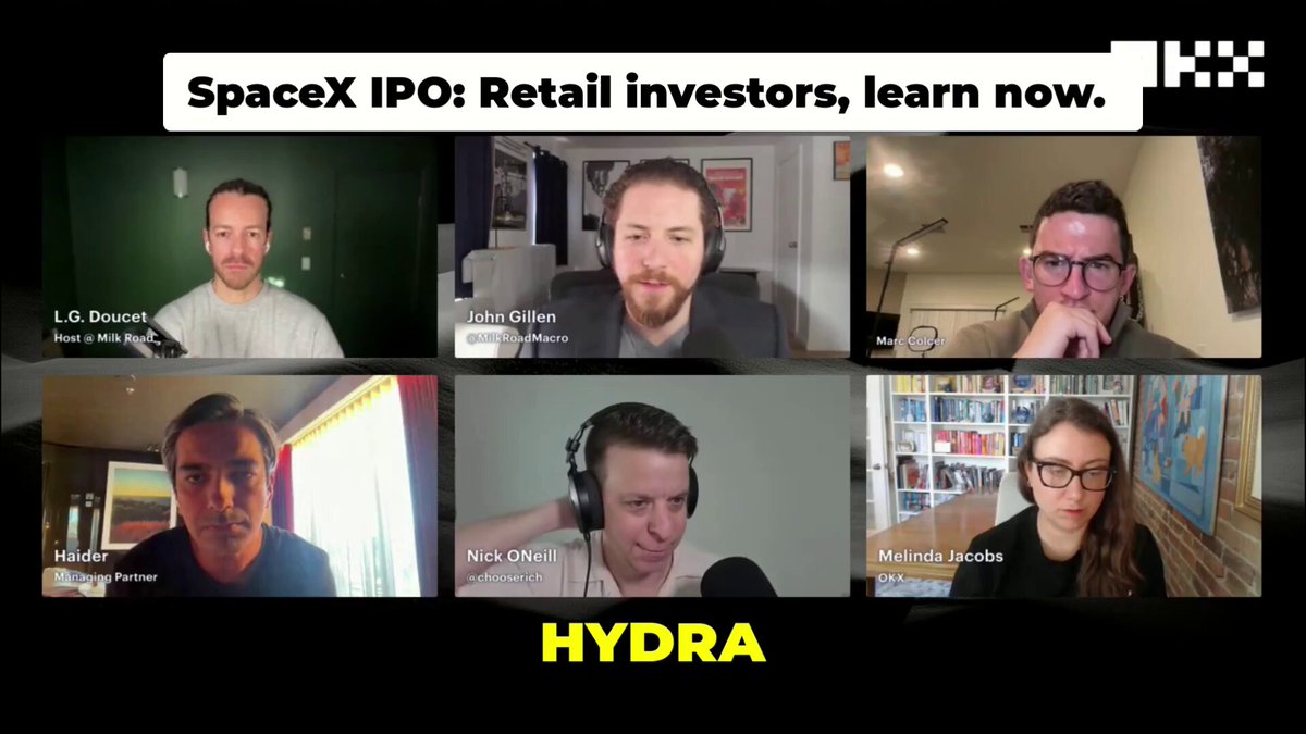 The image features a group photo with six people sitting next to each other, all wearing headphones and looking at the camera. The caption reads "Why is the SpaceX IPO pulling this much attention? A panelist at the @okx SpaceX IPO Watch Party made a strong point moments like this go far beyond a single stock listing". This image seems to be promoting or discussing the recent launch of a new space shuttle by the company, which has captured the attention of many people. The image is likely used in an advertisement or promotional material for the company's IPO.
