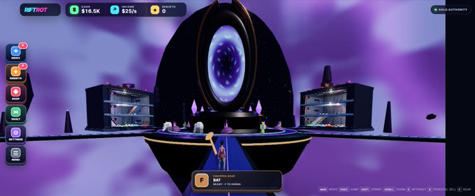 A screenshot from the game 'RETROT' shows a space-themed virtual environment with floating platforms, characters, and interface elements displaying cash, income, and credits.
