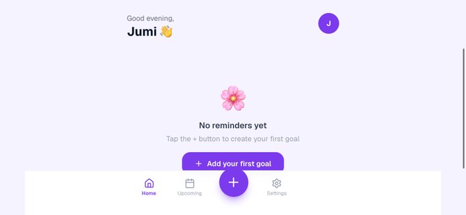 A mobile app interface greeting 'Jumi' with the message 'No reminders yet' and a prompt to '+ Add your first goal'.