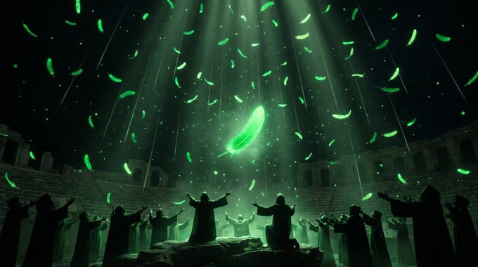 A fantasy illustration shows hooded figures in a stone amphitheater reaching up toward a glowing green feather that rains down green light.