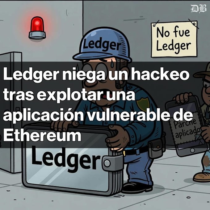 A cartoon illustration from the New York Times showing a security guard in a Ledger cap with the headline 'Ledger niega un hackeo tras explotar una aplicación vulnerable de Ethereum,' alongside signs reading 'No fue Ledger' and 'Parche aplicado.'