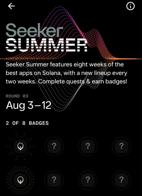 Seeker Summer mobile app screen describing eight weeks of featured apps on Solana with new lineups every two weeks, currently Round 03 (Aug 3-12), showing 2 of 8 badges earned.