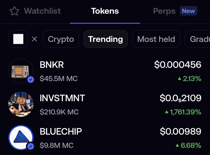 A cryptocurrency trading app screenshot showing a Trending tab under Tokens with BNKR at $0.000456 (up 2.13%, $45.5M MC), INVSTMNT at $0.0₅2109 (up 1,761.39%, $210.9K MC), and BLUECHIP at $0.000989 (up 6.68%, $9.8M MC).