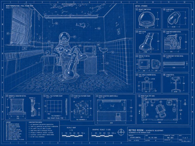 A detailed blue blueprint titled 'RETRO ROOM SCHEMATIC BLUEPRINT' showing an astronaut in a tiled bathroom, with technical specifications, detail studies, and legend notes along the borders.