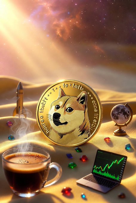A digital artwork featuring a large gold Dogecoin coin with a Shiba Inu face in a desert setting, surrounded by a steaming coffee cup, a laptop displaying a green stock chart, scattered colorful gems, a small rocket, and a globe.