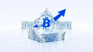 A stylized cryptocurrency graphic shows a large blue Bitcoin symbol with an upward-pointing arrow over stacks of coins and a building.