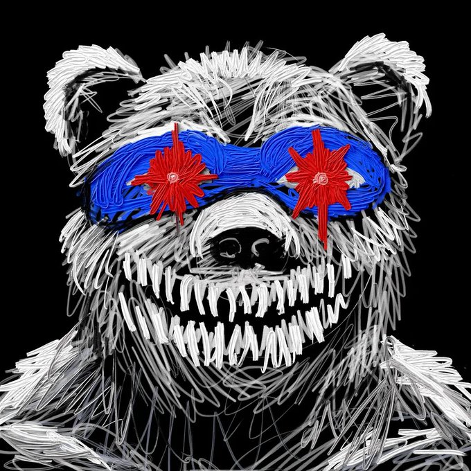 A digital sketch/illustration of a bear's face with sharp teeth wearing blue sunglasses with red star-shaped lenses against a black background.