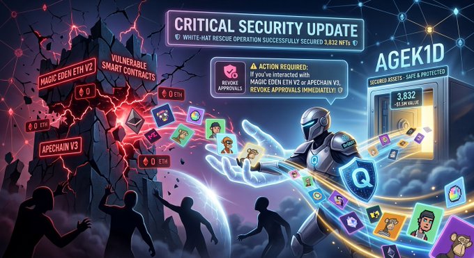 A digital illustration showing a 'CRITICAL SECURITY UPDATE' alert with text about revoking approvals for 'MAGIC EDEN ETH V2' and 'APECHAIN V3' to protect '3.832 NFTs', featuring a robotic figure and NFT characters.
